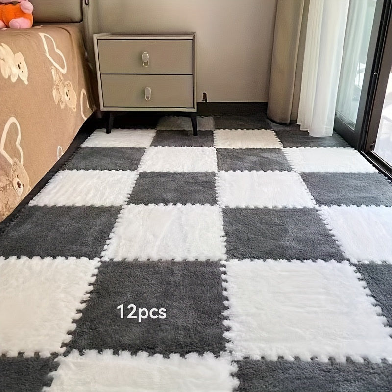 12pcs Square Flower Pattern Plush Area Rugs Set Washable Non-Slip Low Pile Polyester EVA Bedroom Living Room Decor