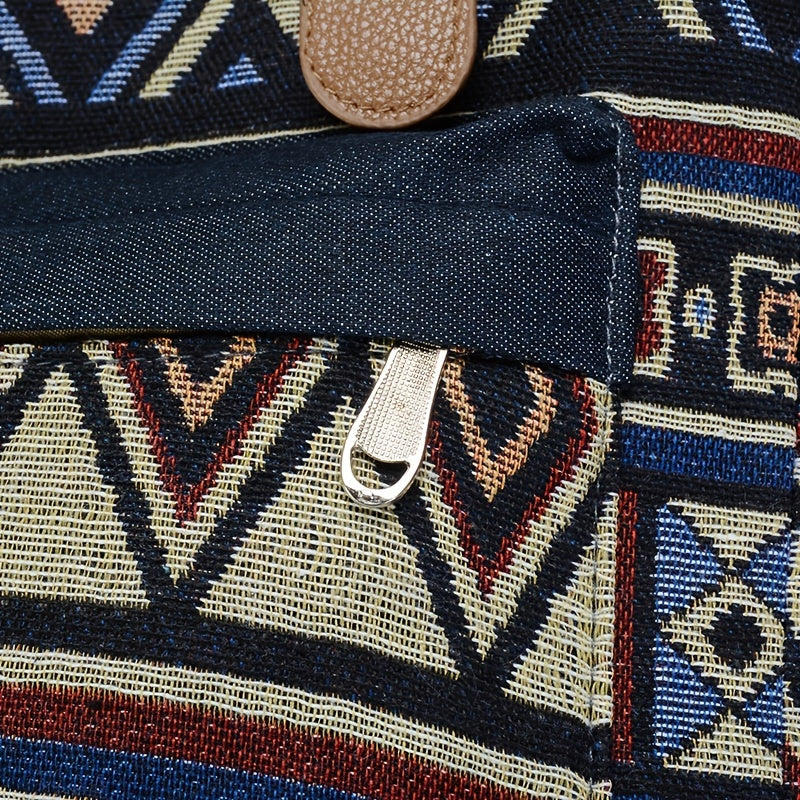 Women's Denim Backpack with Geometric Tribal Pattern Adjustable Straps Large Capacity Blue Brown