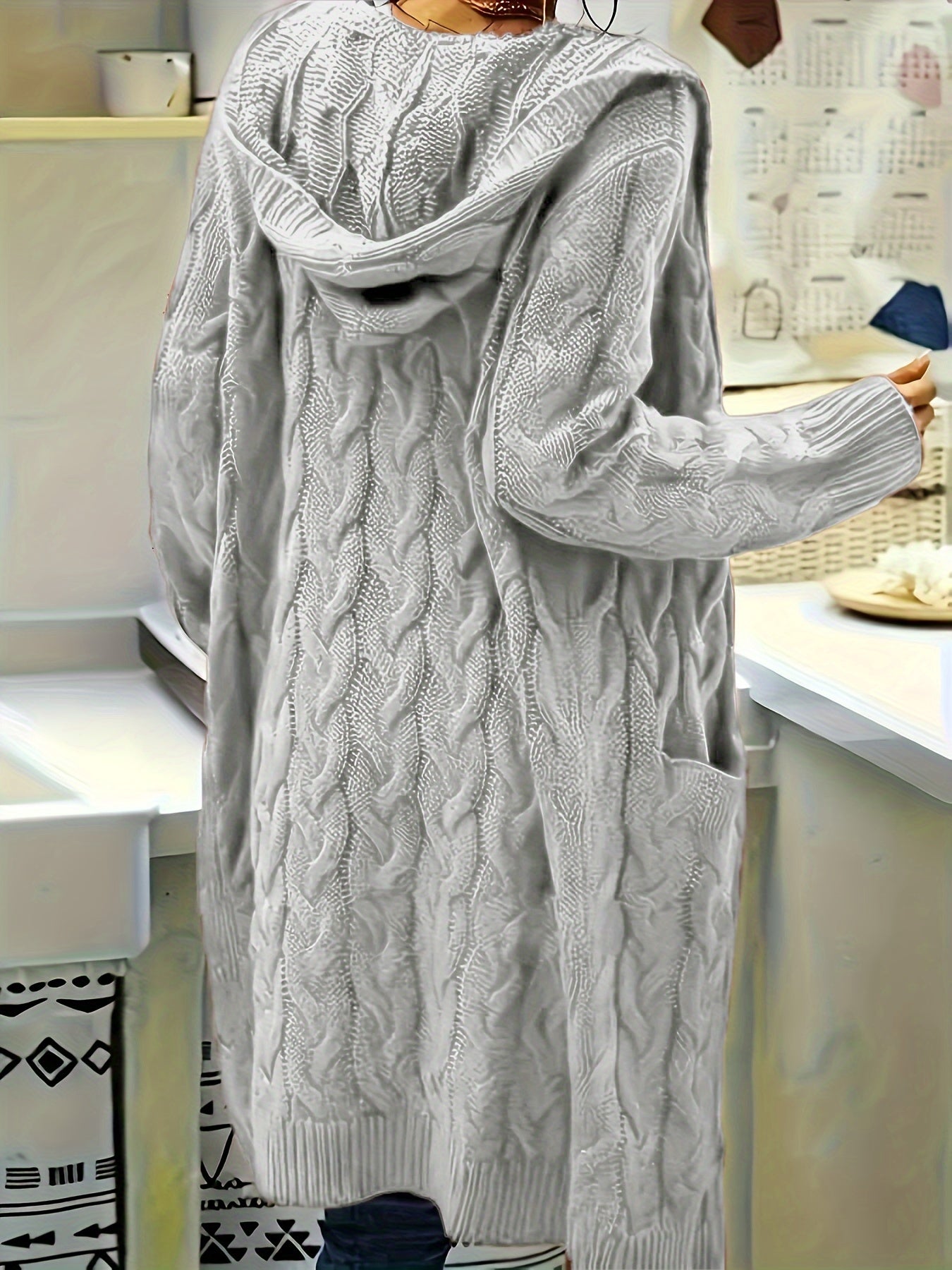 Women's Cable Knit Hooded Cardigan with Pockets Acrylic Fall Winter Layering