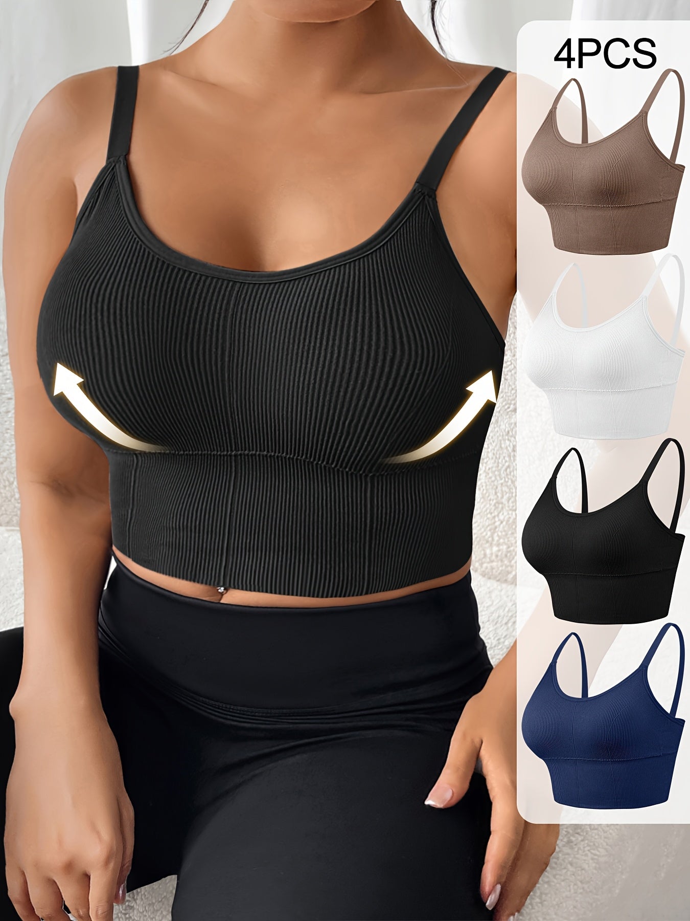 Women's Plus Size Sports Bras Ribbed Wireless High Elasticity Removable Pads Black White Brown Navy Blue Set