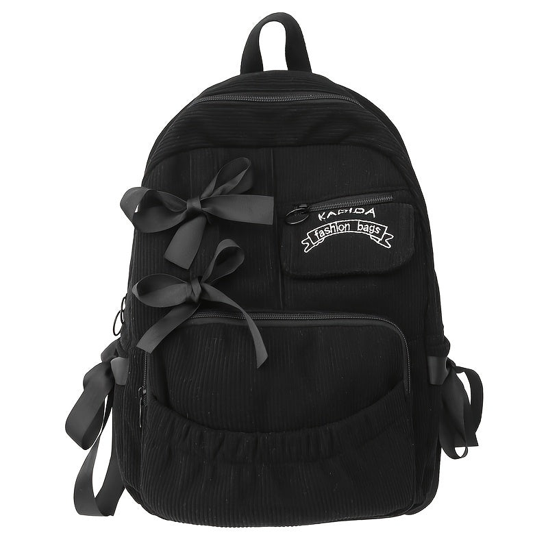 Ayollar uchun 1 dona korduroy bowknot ruksak, shirin uslub, chiziqli dizayn, sozlanadigan yelka tasmalari, noutbuk bo'limi, zip yopilishi, polyester astar, qo'l yuvish/quruq tozalash - Kundalik tasodifiy