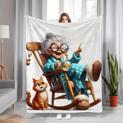 Senior Cozy Flannel Throw Blanket with Grandma and Cat Print All-Season Knitted Polyester