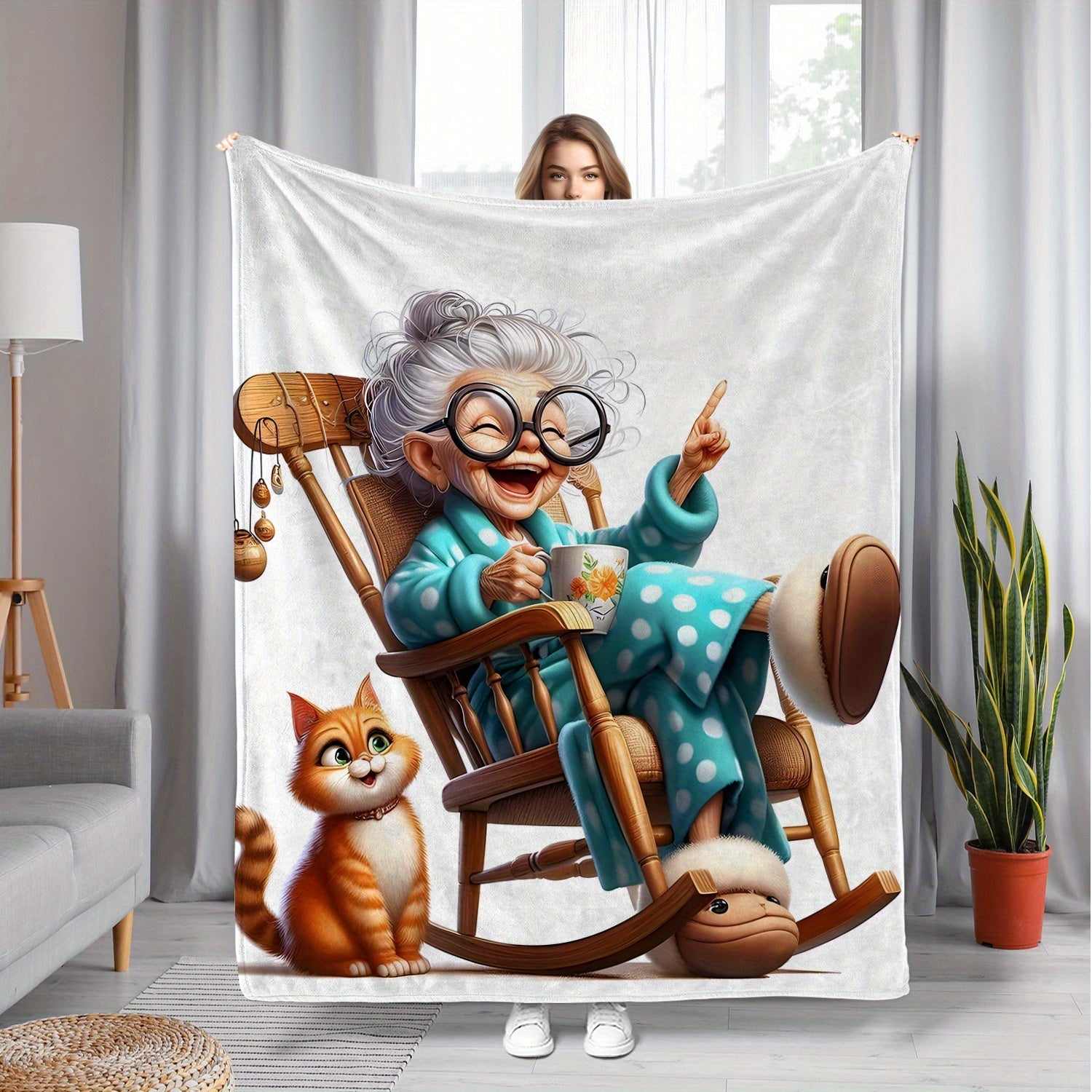 Senior Cozy Flannel Throw Blanket with Grandma and Cat Print All-Season Knitted Polyester