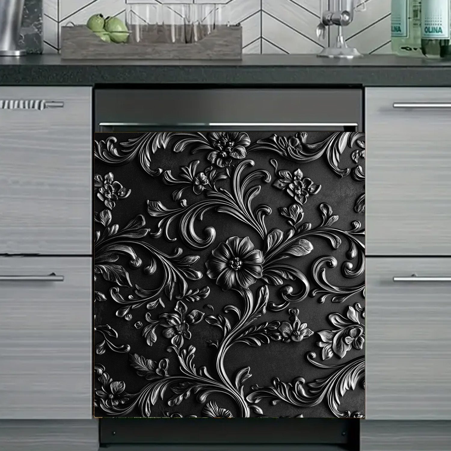 Black Floral Pattern Dishwasher Magnet Cover Waterproof Heat-Resistant PVC Kitchen Decor