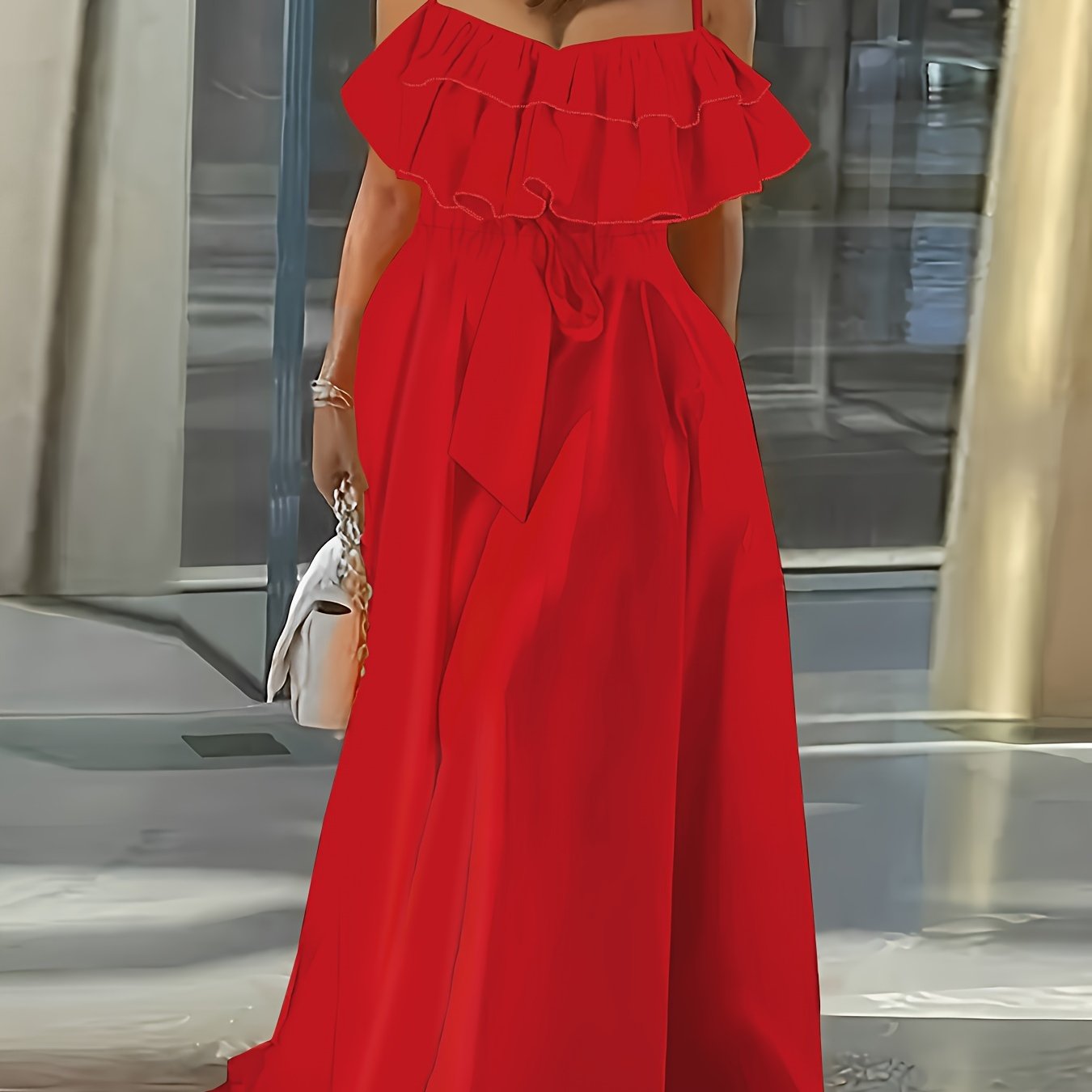 Women's Sleeveless Maxi Dress with Ruffle Trim and Tie Waist Polyester Elegant Spring Summer