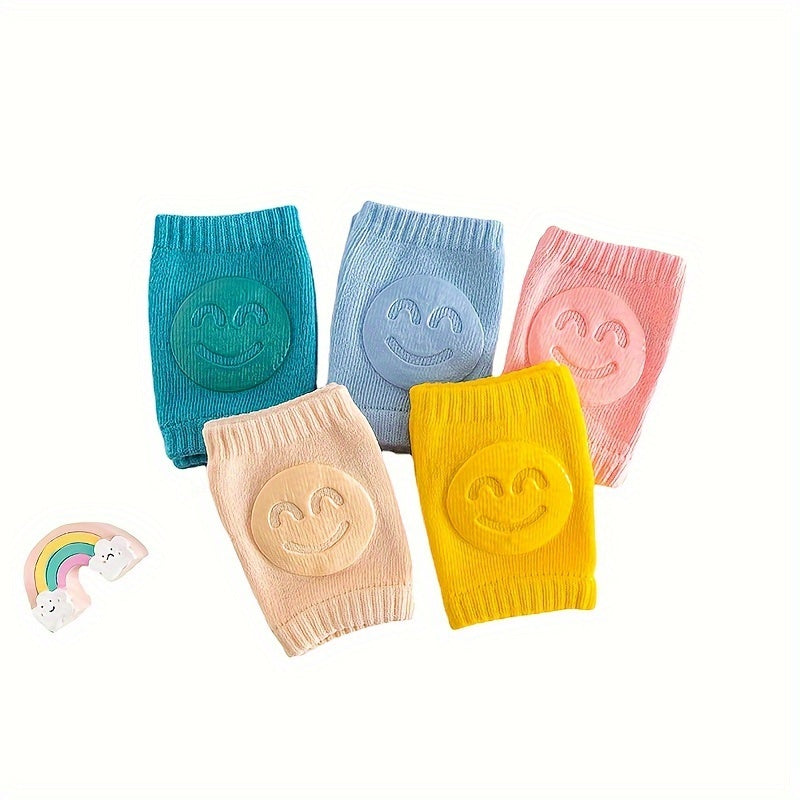 Kids Boys Knitted Knee Pads with Smiley Face for Autumn Winter Blue 100% Cotton