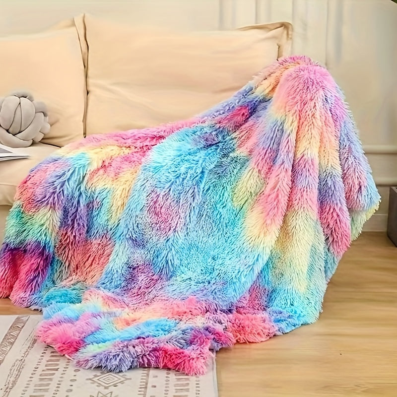 Rainbow Faux Fur Throw Blanket Plush Coral Fleece Cozy Warm Modern Home Decor