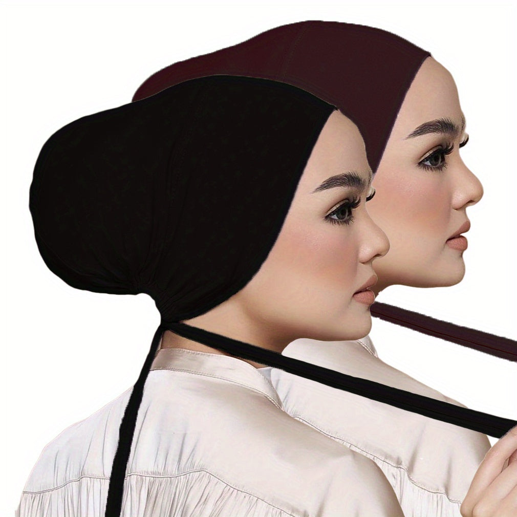 Set of 2 Solid Color Tied Back Undercaps with Elastic Inner Hijab Caps for Women