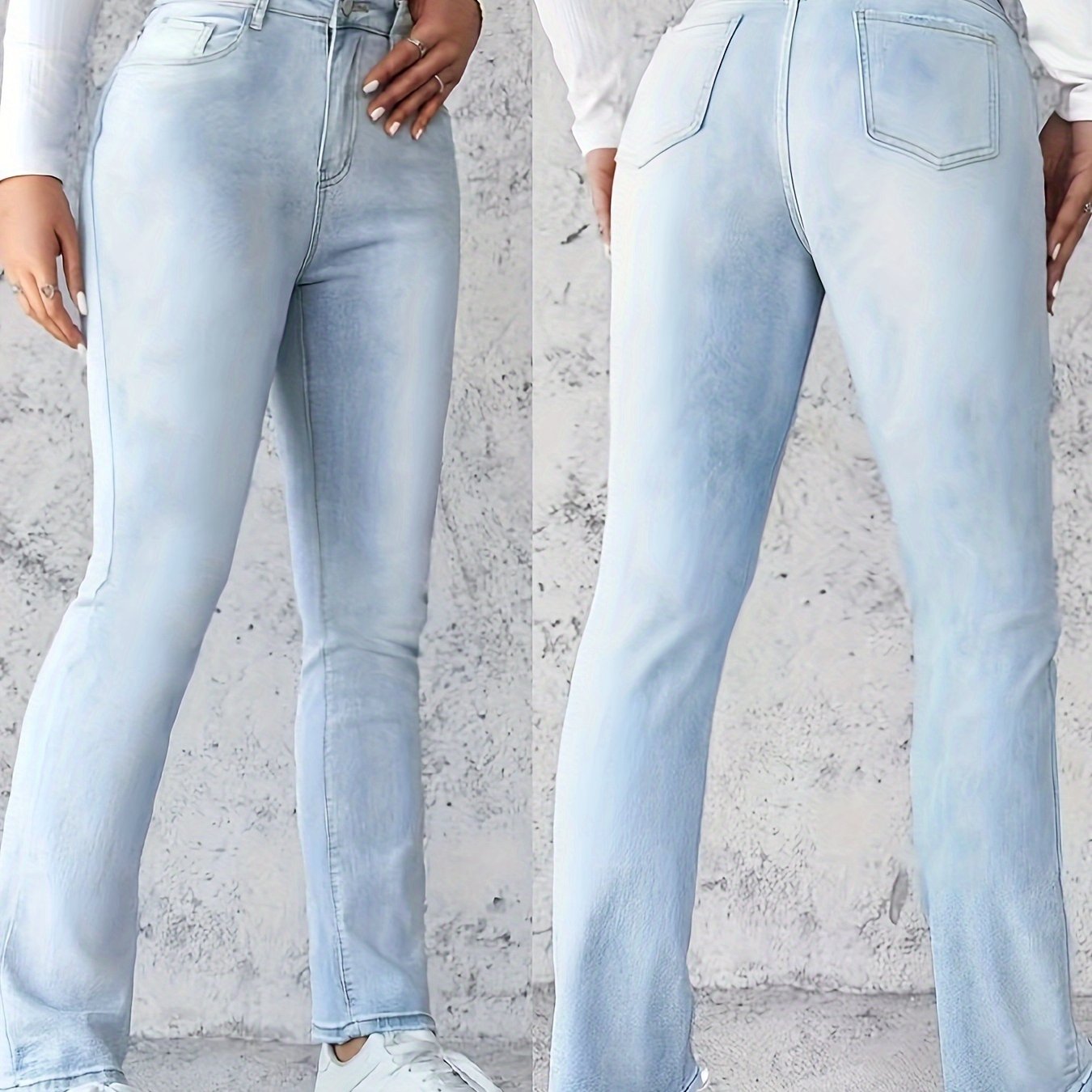 Women's Light Blue Distressed High-Waisted Straight Leg Jeans with Pockets
