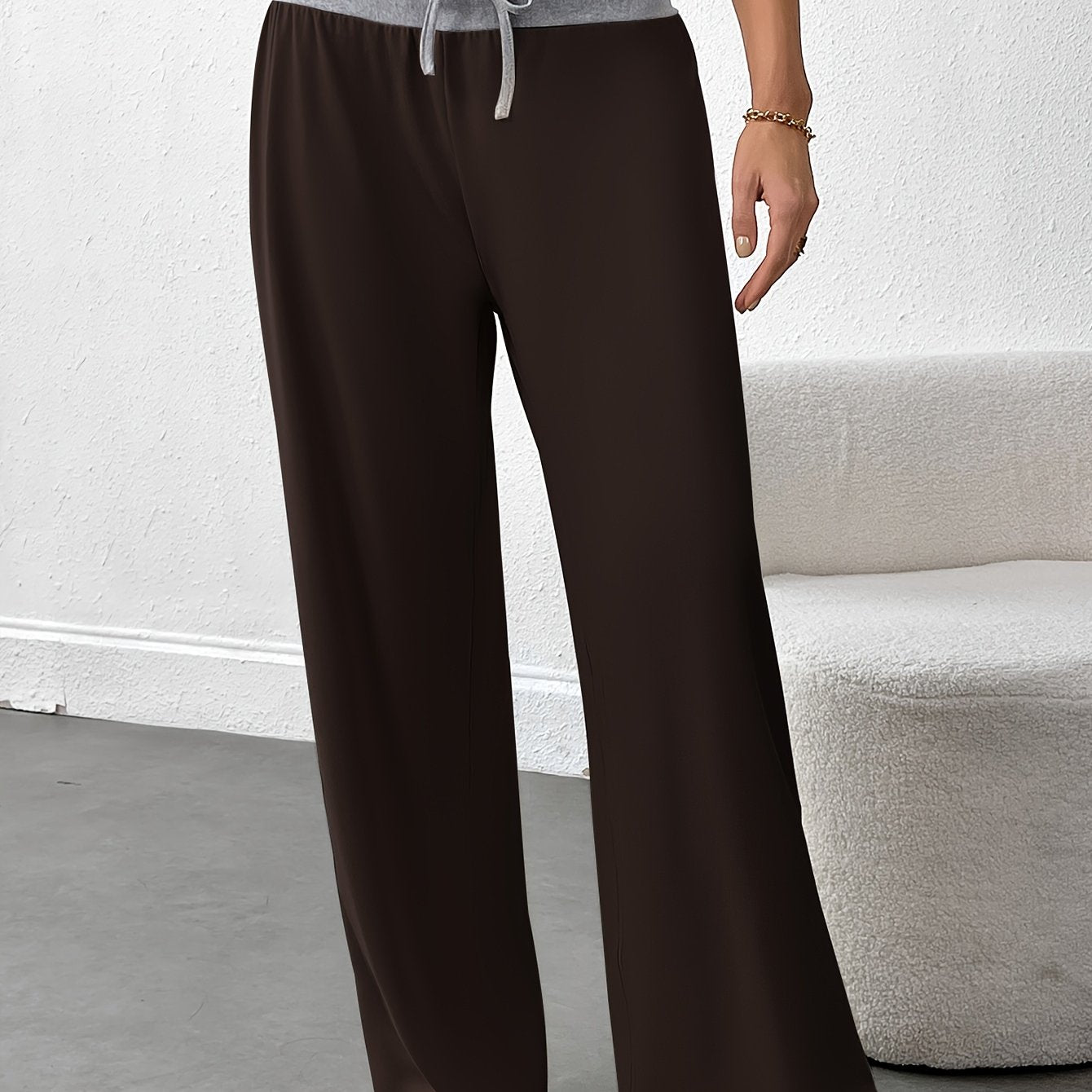 Women's Plus Size High-Waisted Wide-Leg Pants Soft Stretchy Fabric Brown Casual Lounge