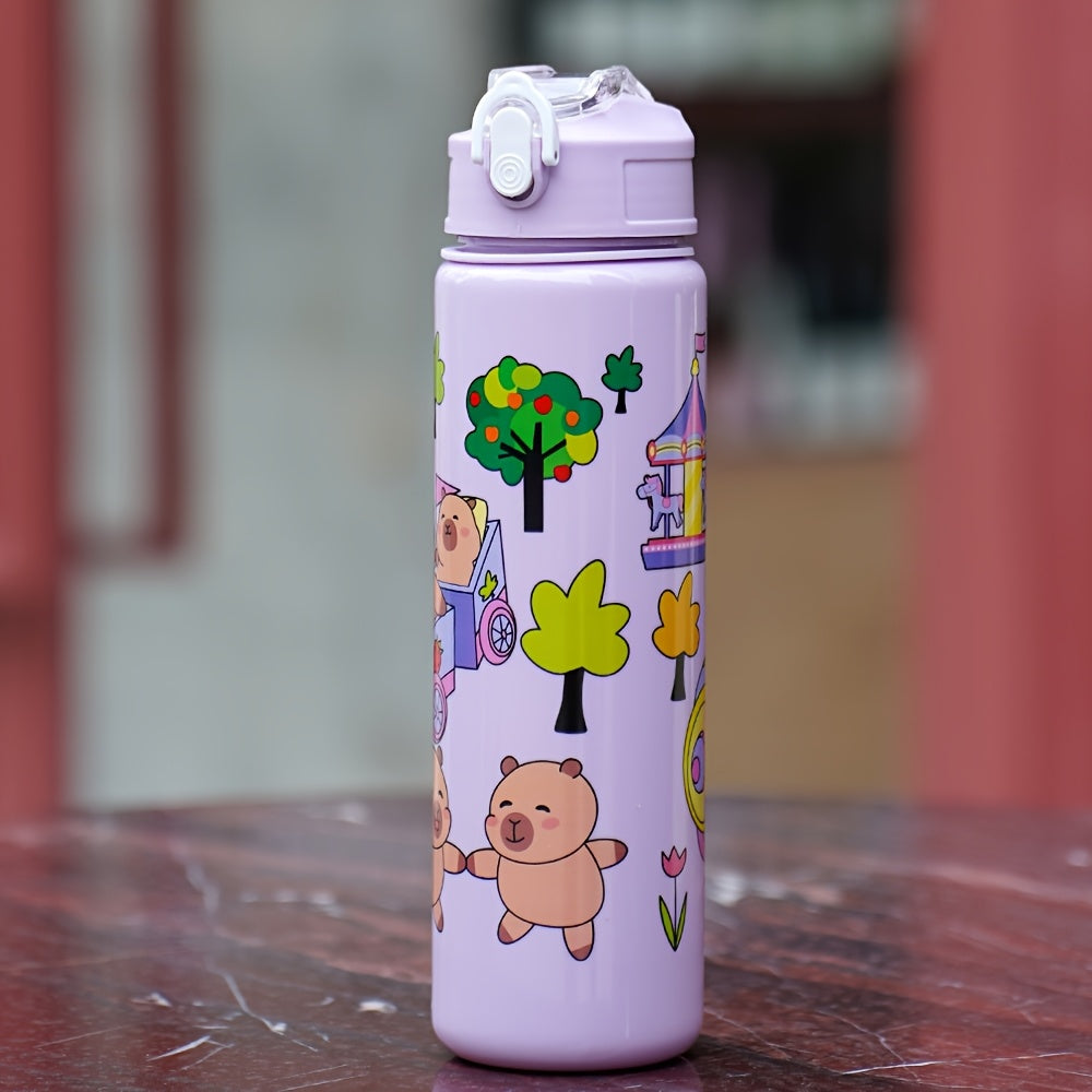 Kids Cartoon Water Bottle 21oz Leak-Proof Flip Cap Straw PVC-Free Plastic