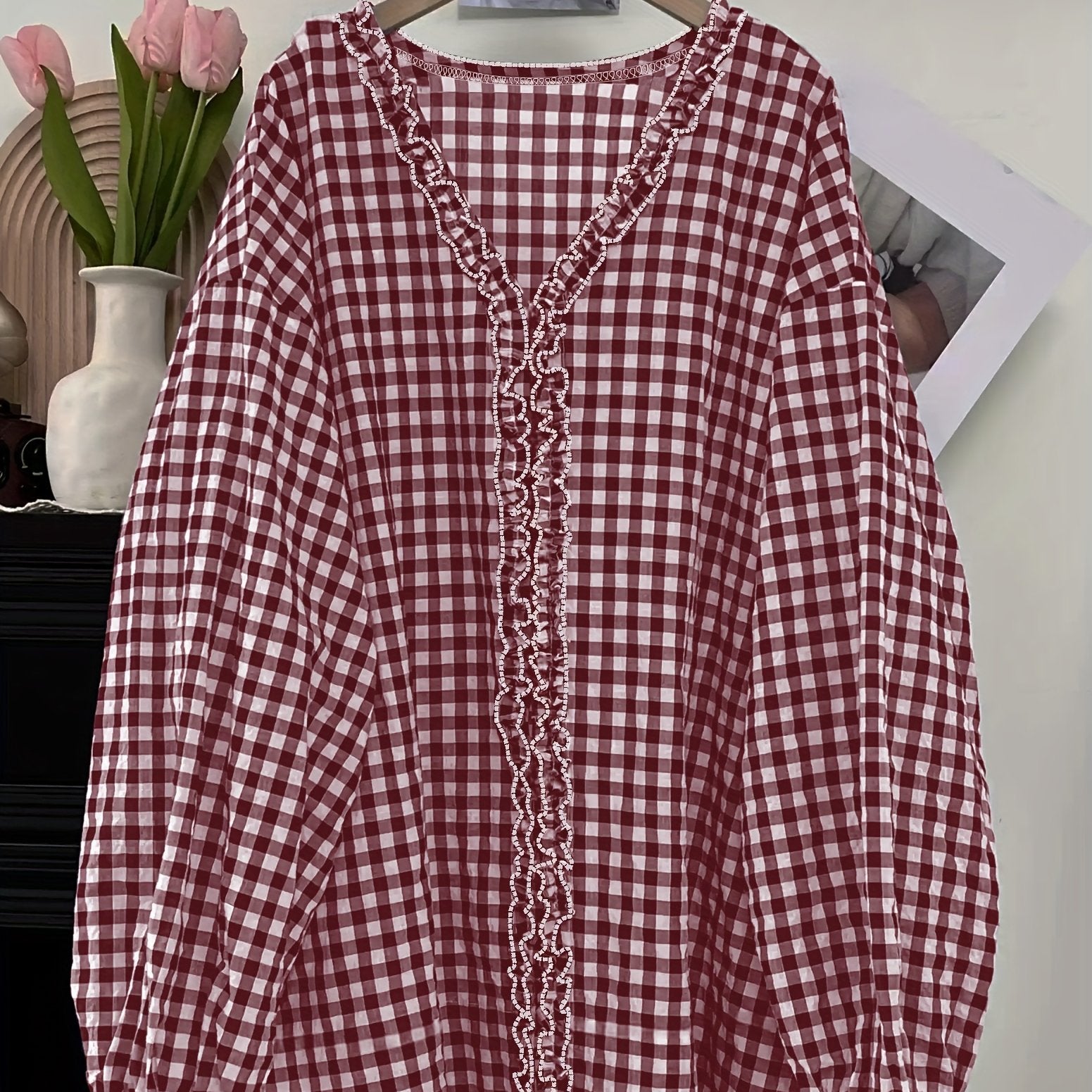 Plus Size Women's Loose Checkered Wood Ear Flap Shirt