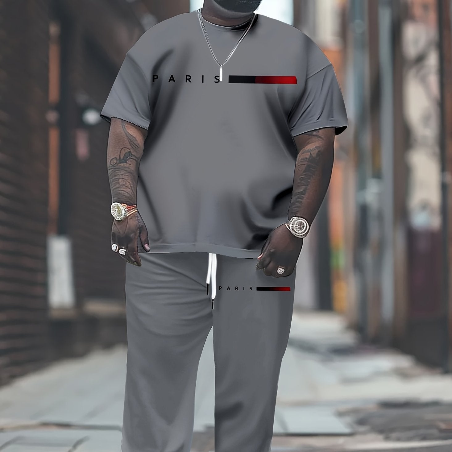Plus Size Men's Athletic Set Includes Paris Graphic T-Shirt and Joggers Casual Sportswear