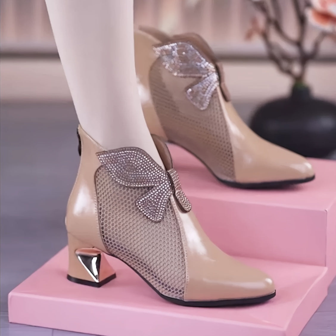 Women Mesh Boots With Rhinestones, Pointed Toe, Zipper Closure