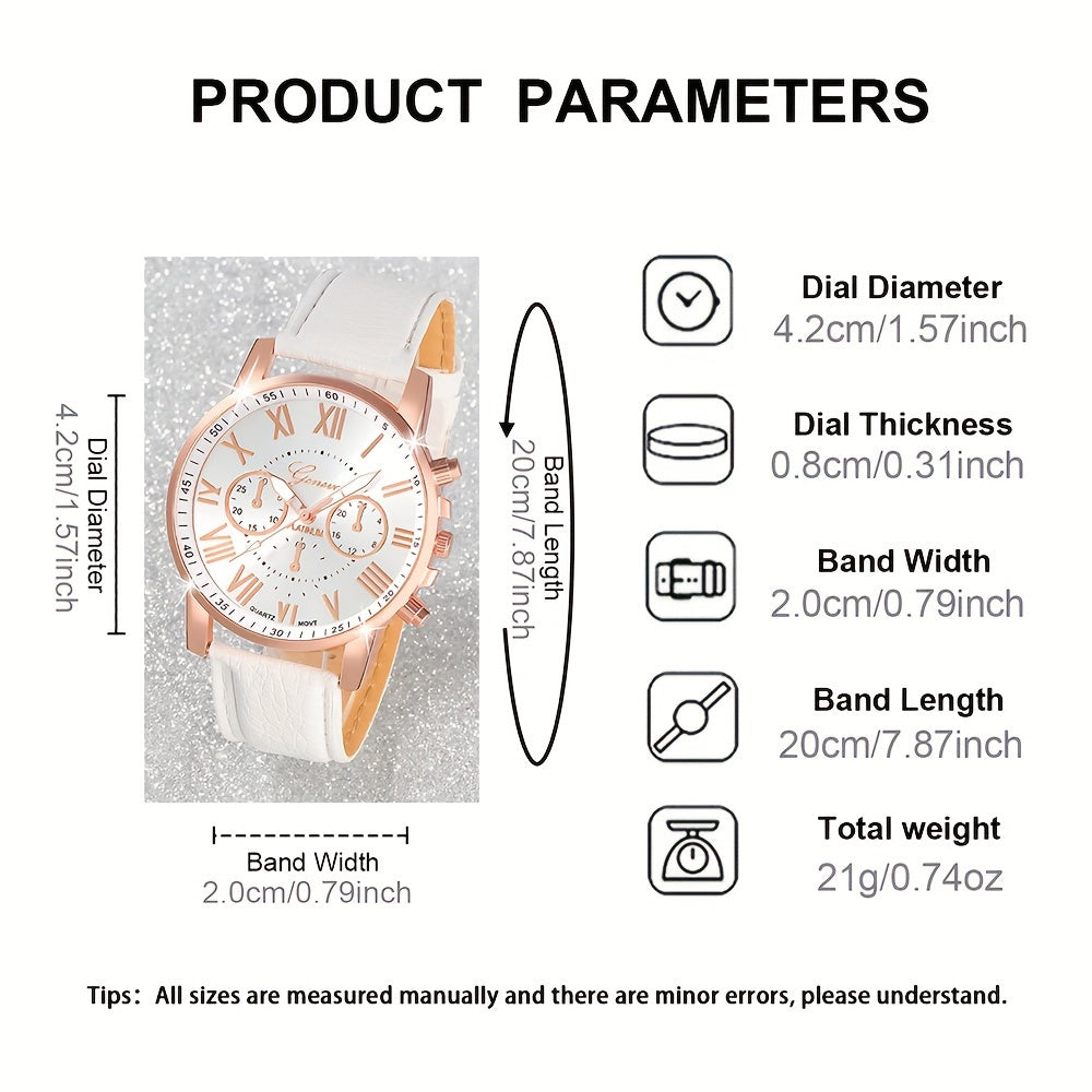 Set of 5 White Quartz Watches with PU Leather Straps and Rhinestone Jewelry for Women