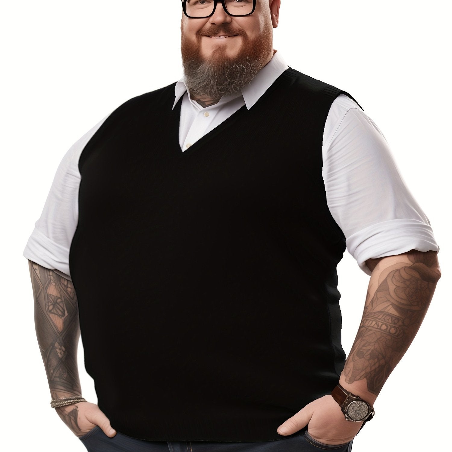 Erkaklar uchun Katta O'lchamdagi Yengsiz Trikotaj Sviter Vest, Qora Yashil rangda, V-shaklidagi detali bilan. Golf va Ofis Kafesi uchun ideal, Mashinada yuvish mumkin, Zamonaviy Chiziqli Qo'ltiq joylari, mustahkam Spandexdan tayyorlangan.