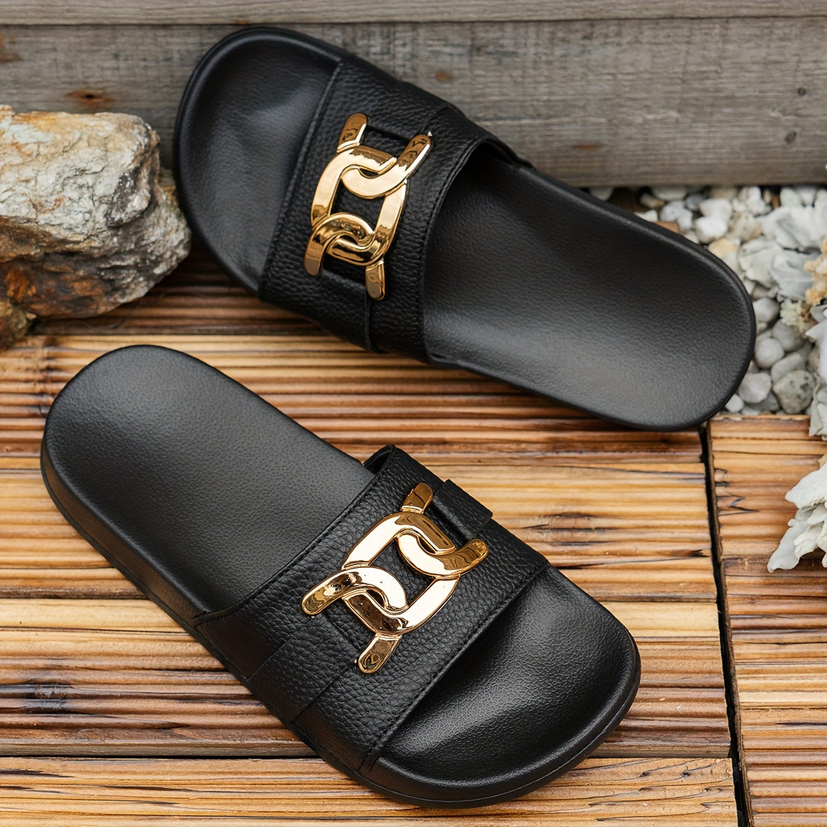 Women Summer Fashion Gold Buckle Slip-On Sandals for Beach and Casual Use