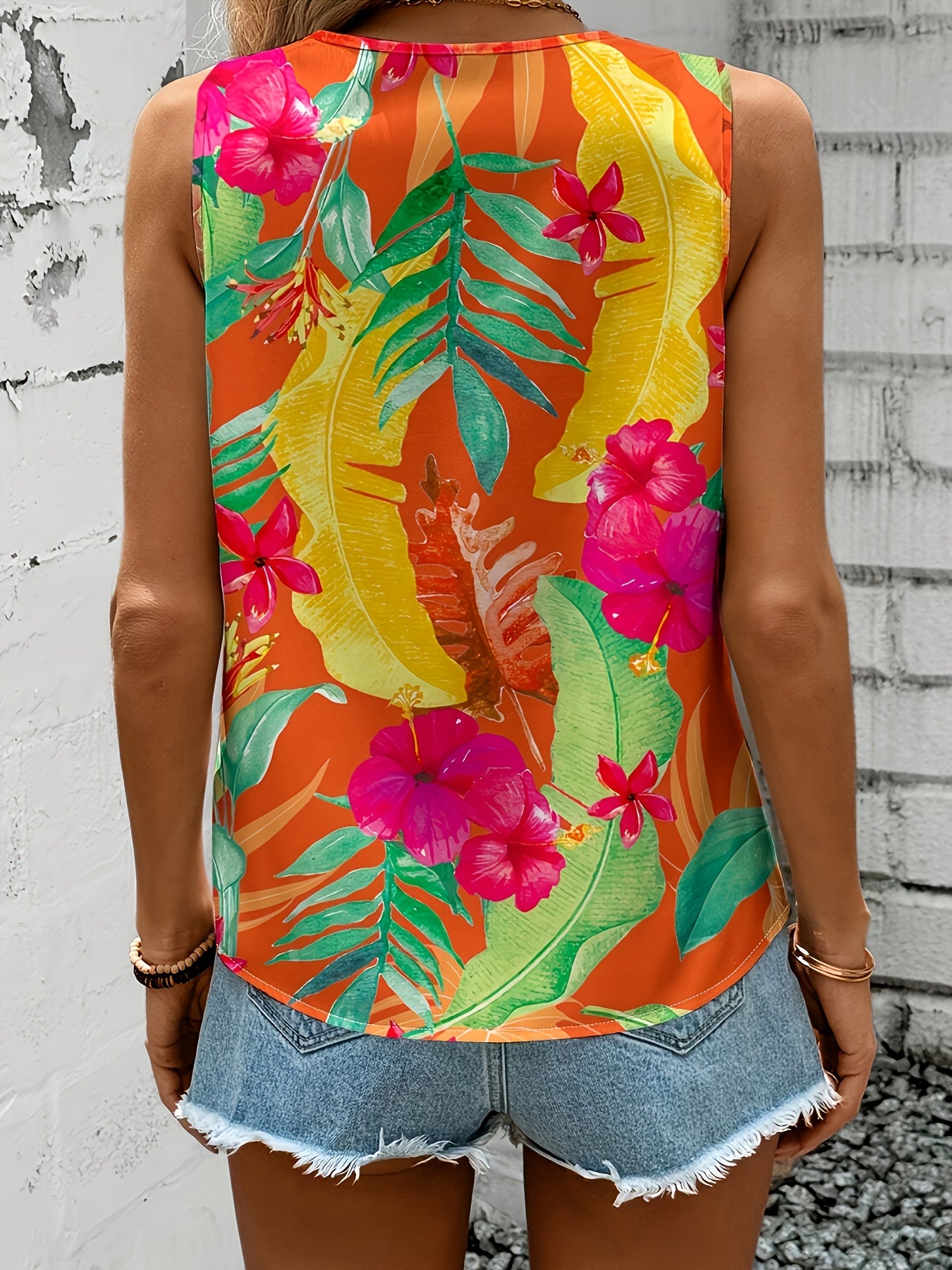 Топ без рукавов с цветочным принтом для женщин больших размеров, с V-образным вырезом, для пляжного отдыха и повседневной носки