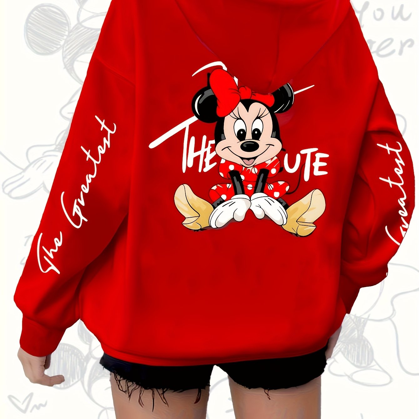 Women's Red Hoodie with Mickey Mouse Print Zip Casual Fall Winter