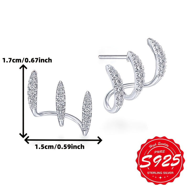 Women's S925 Sterling Silver Three-Prong Curved Earrings Hypoallergenic Jewelry