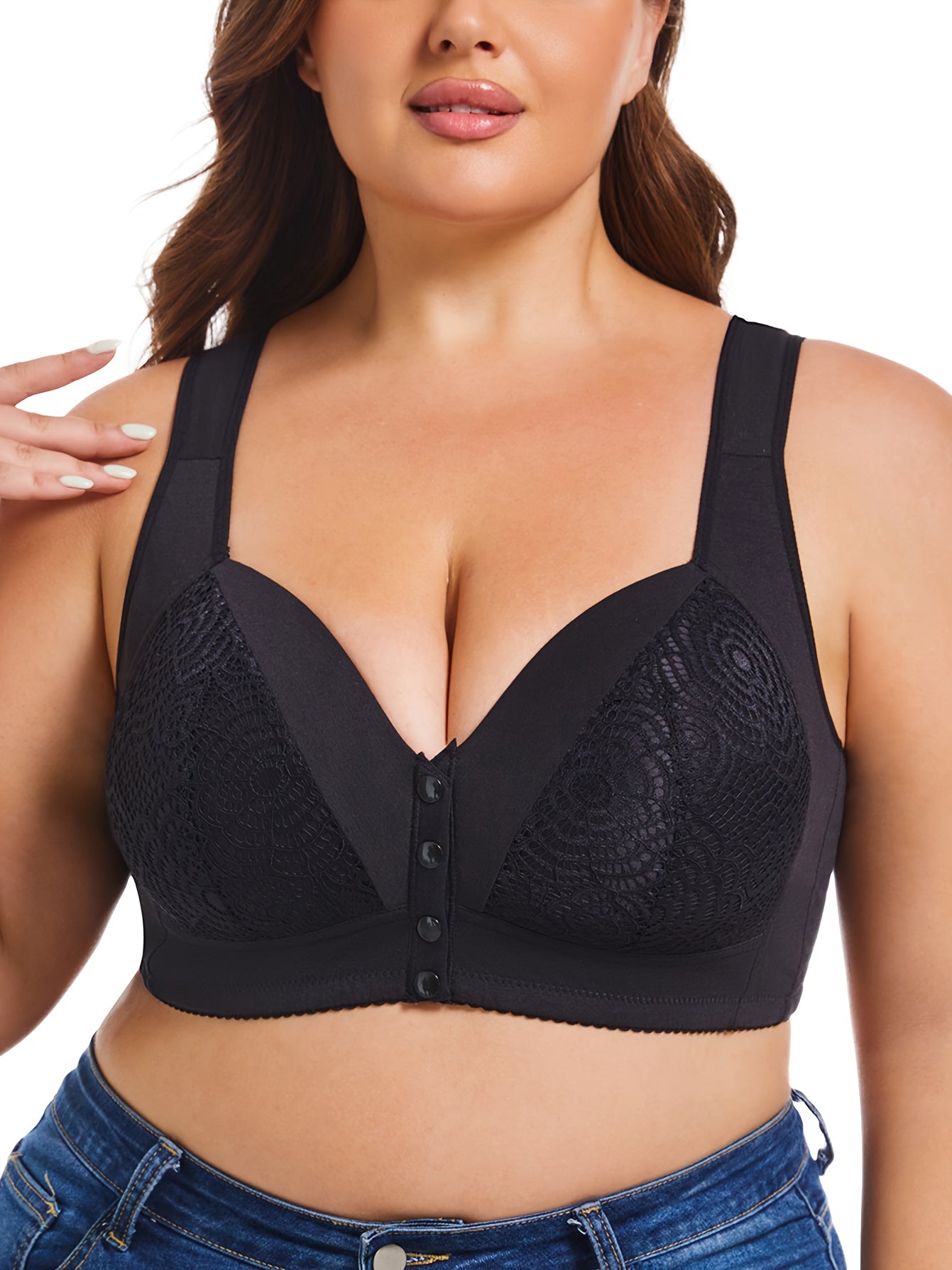 Plus Size Lace Bralette Wireless Full Coverage with Front Closure and Non-Removable Pads
