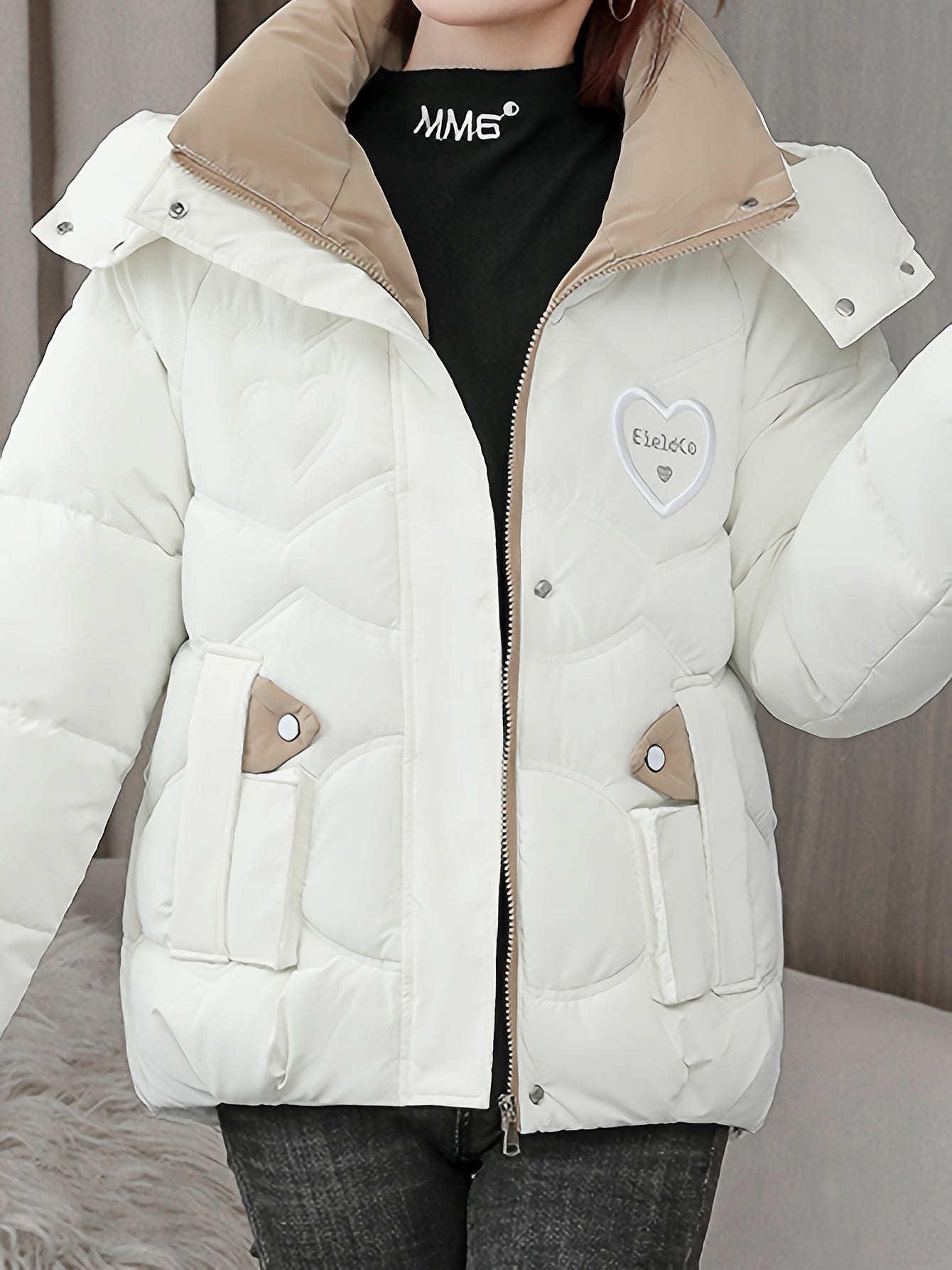 Women's Black Winter Jacket Polyester Hooded Zipper Casual Fall Winter Heart Logo