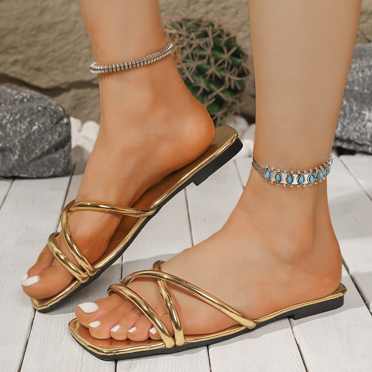 Women Sandals Cross Strap Synthetic Cover Black and Gold Casual Beach You...