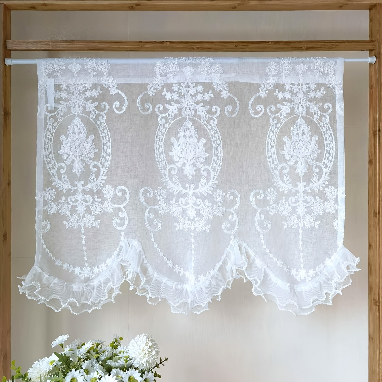 Fransuz Ikki Marjonli Pastki Qiyshiq Dantel Qisqa Pardalar Valansi, Oshxona Kichik Derazasi uchun Tül bilan Qaytargan. Qahva Pardasi Dizayni bilan Rod Pocket Yuqori Eshik Pardasi, Yashash Xonasi, Ofis yoki Uy Dekor uchun.