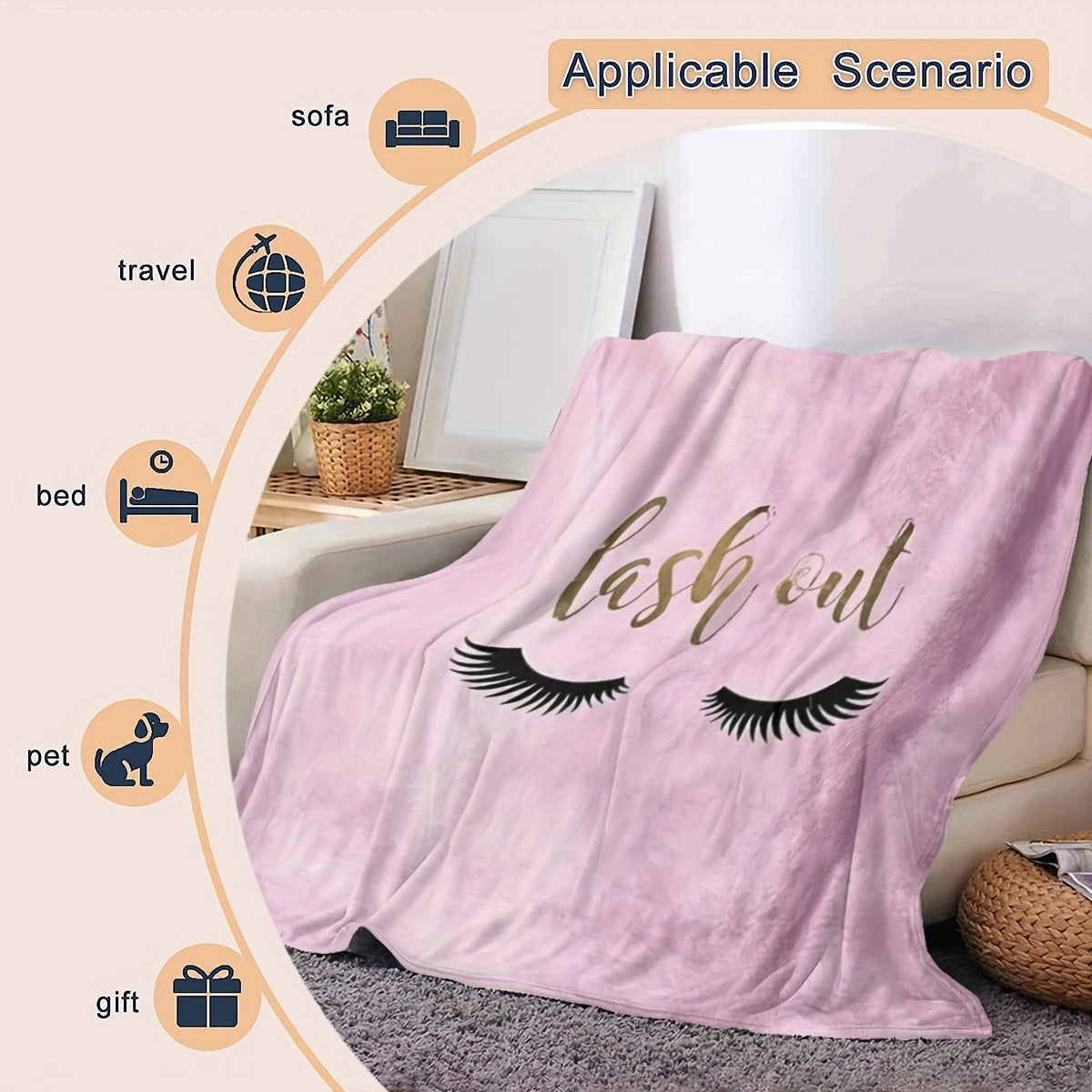 Pink Flannel Throw Blanket with Eyelash Print for Girls Women Moms All-Season Cozy Bed Sofa Chair