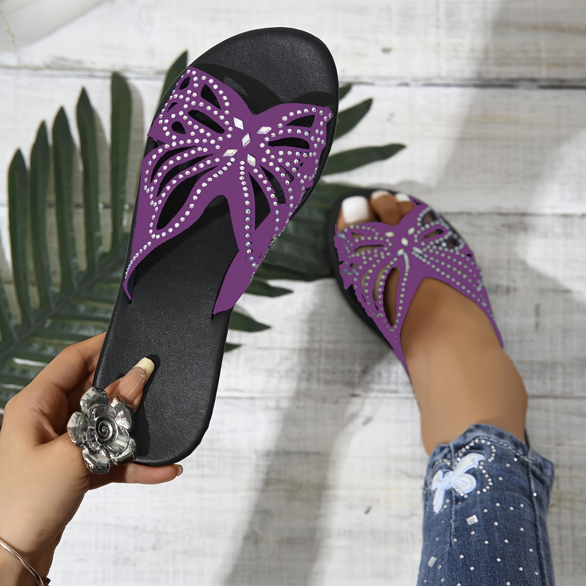 Women's Summer Slide Sandals Rhinestone Butterfly Open Toe Flat Heel