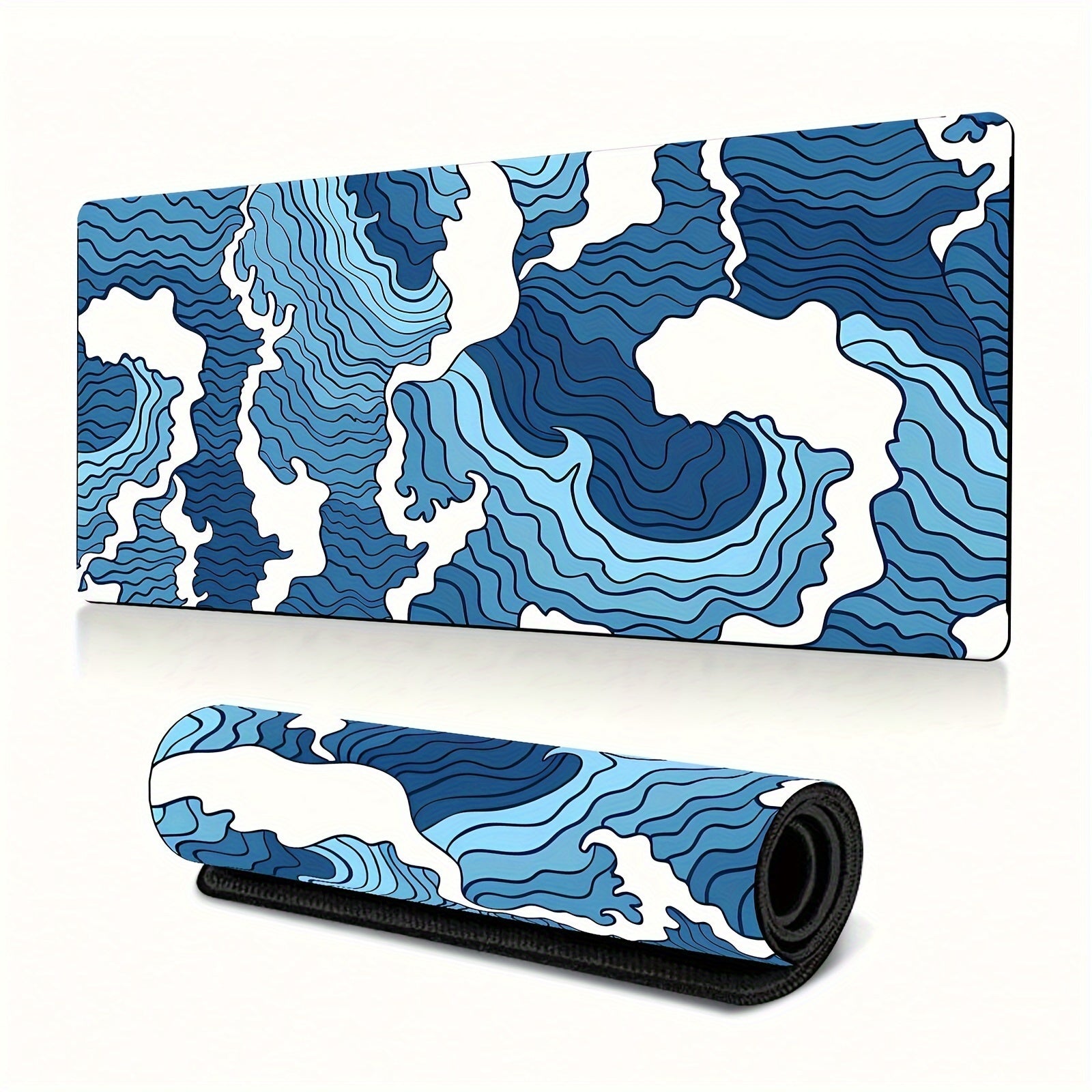 Blue White Wave Graphic Gaming Mouse Pad XL Non-Slip Desk Mat 80x30 Cm