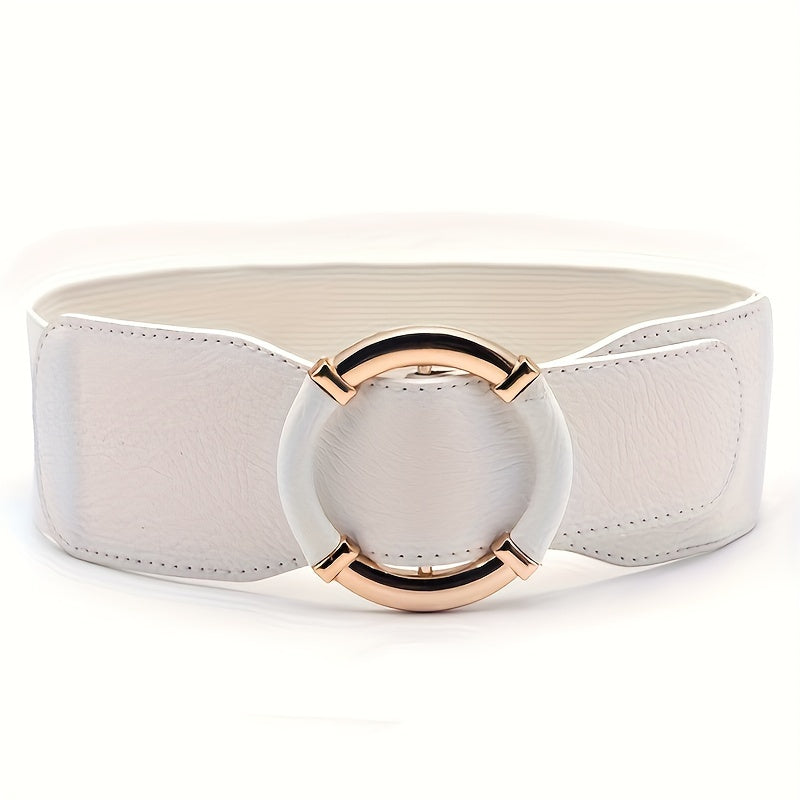 Women's Casual Elastic Waist Dress Coat with Wide Belt and Round Buckle in Solid Color