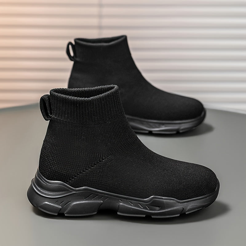 Women's Slip-On High-Top Sneakers Breathable Knit Black White Sole