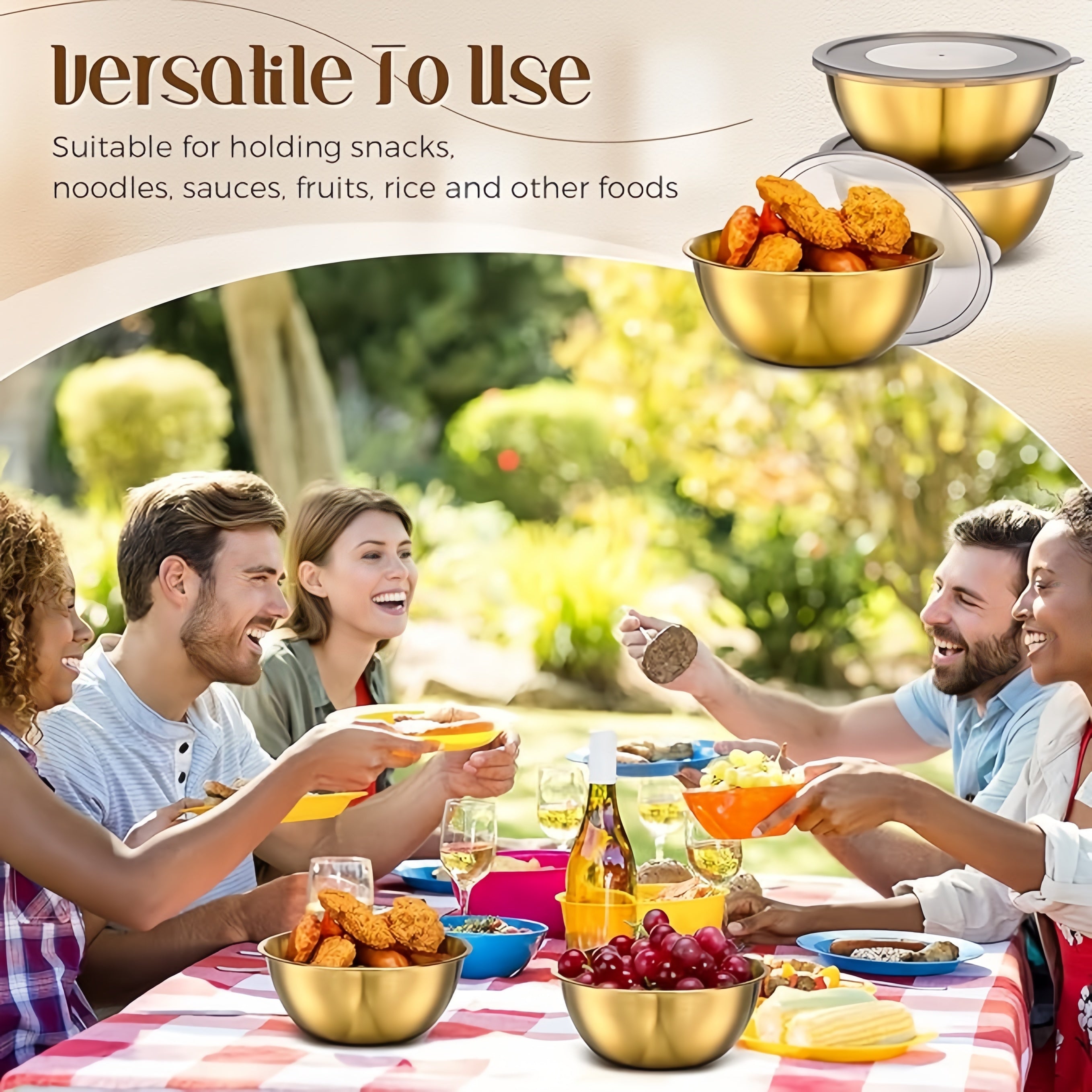 4pcs Gold Stainless Steel Mixing Bowls with Airtight Lids 17cm Salad Fruit Soup