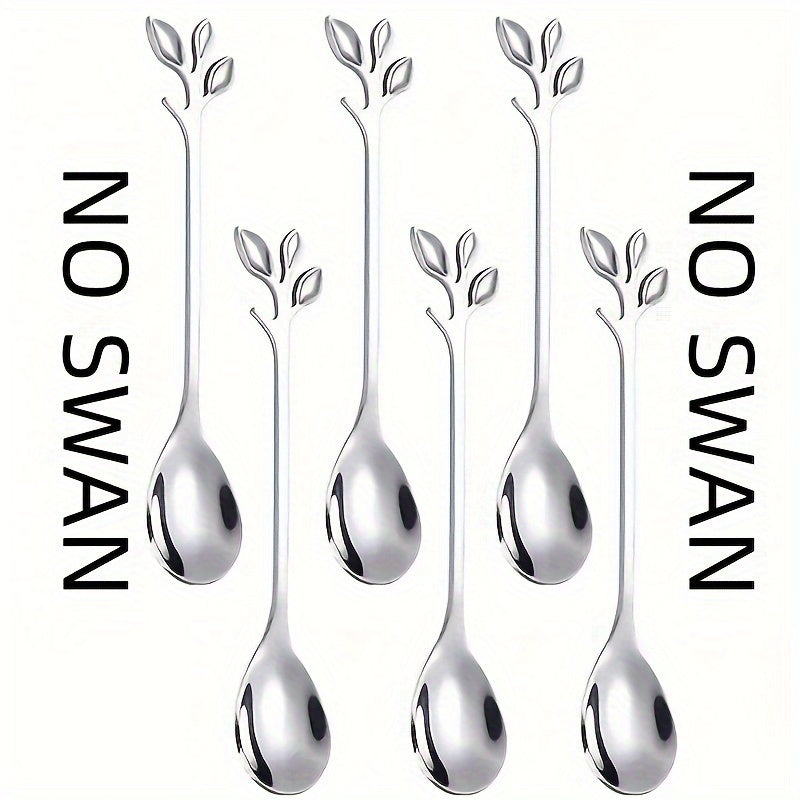 Set of 7 Coffee Spoons with Swan Base Stainless Steel Leaf Forks Mirror Finish