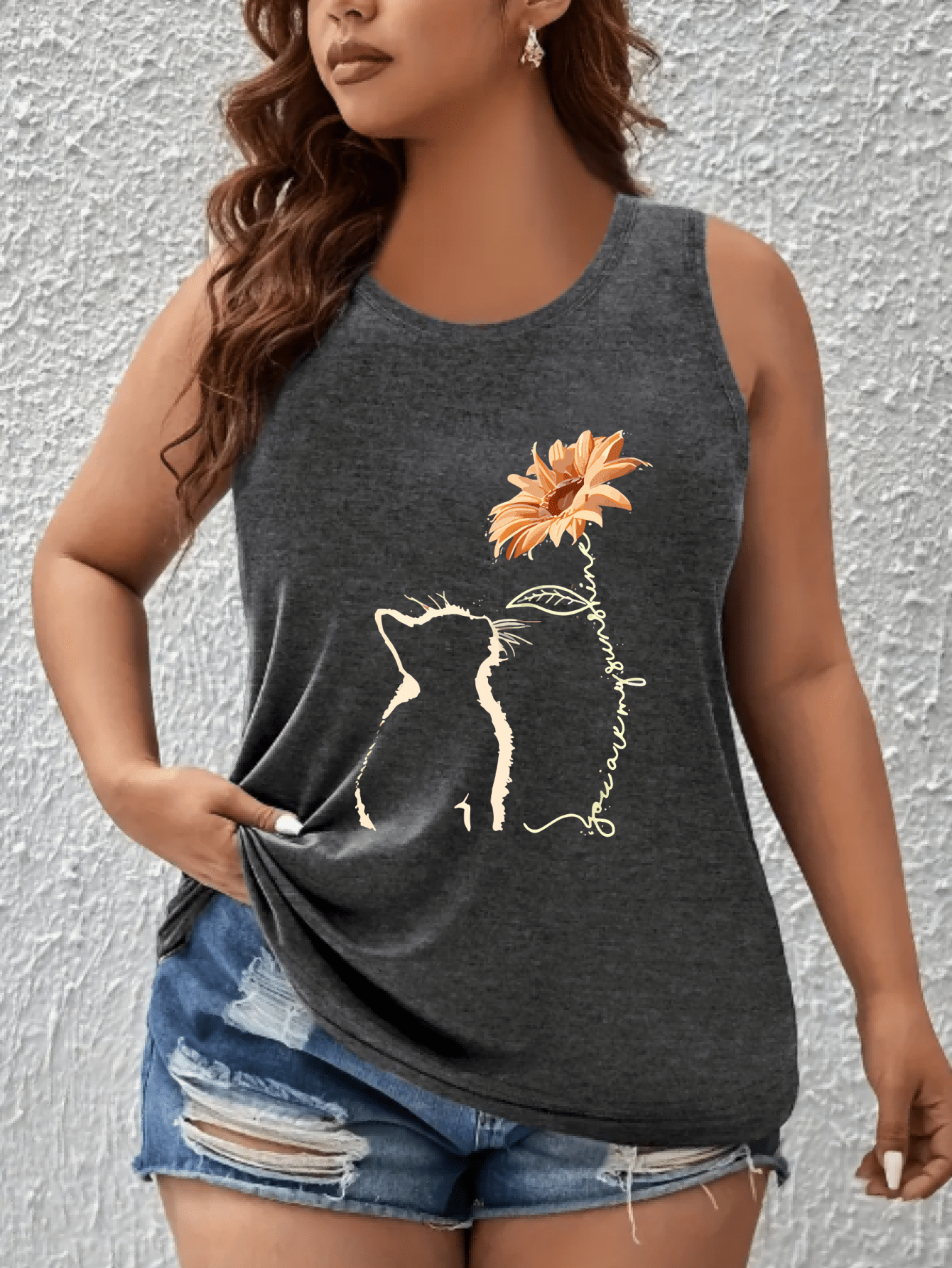 Plus Size Sleeveless Tank Top Women’s Breathable Floral Cat Print Summer Athletic