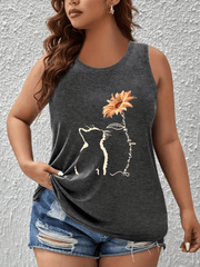 Plus Size Sleeveless Tank Top Women’s Breathable Floral Cat Print Summer Athletic