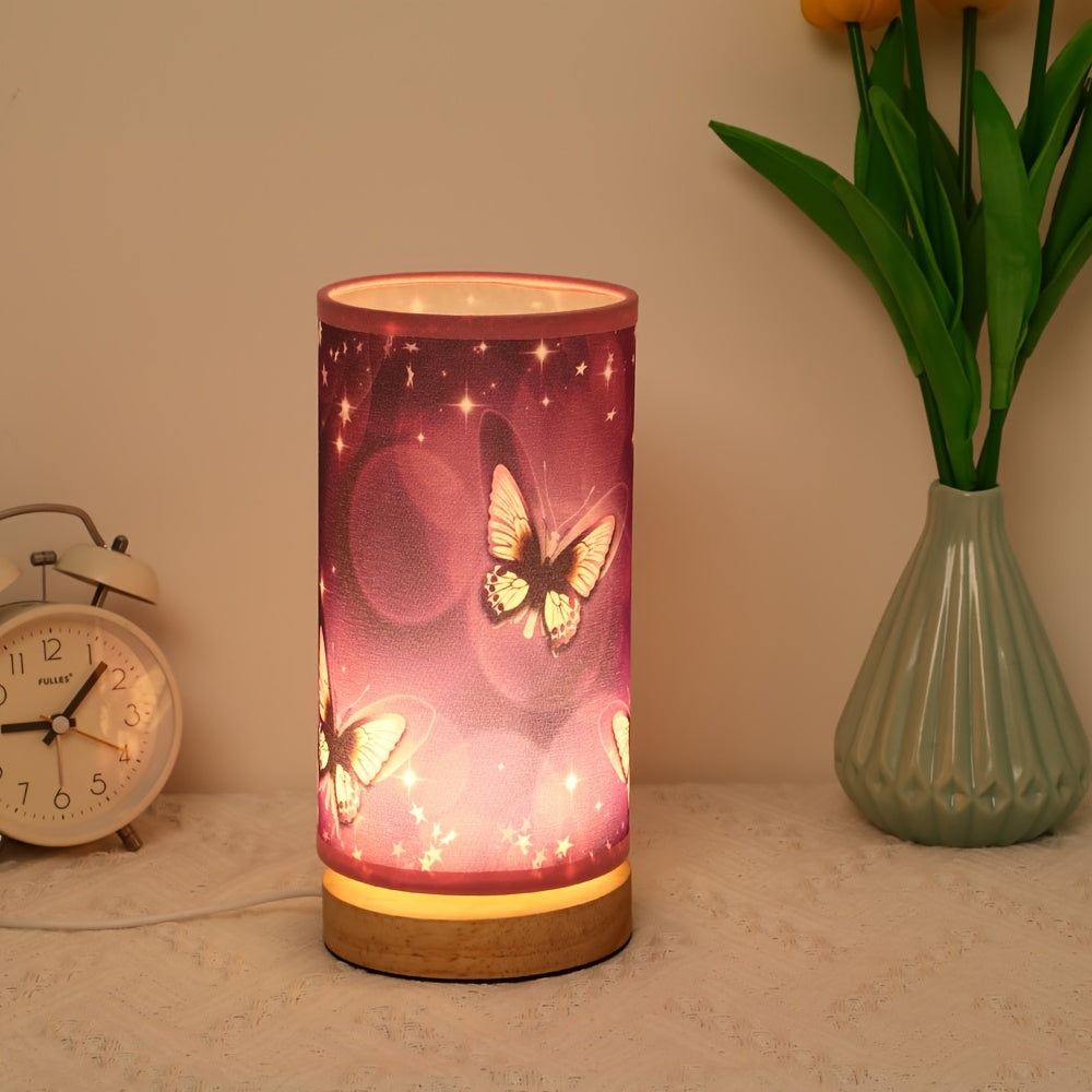 Purple Butterfly Table Lamp with Wood Base for Bedroom or Room Decor