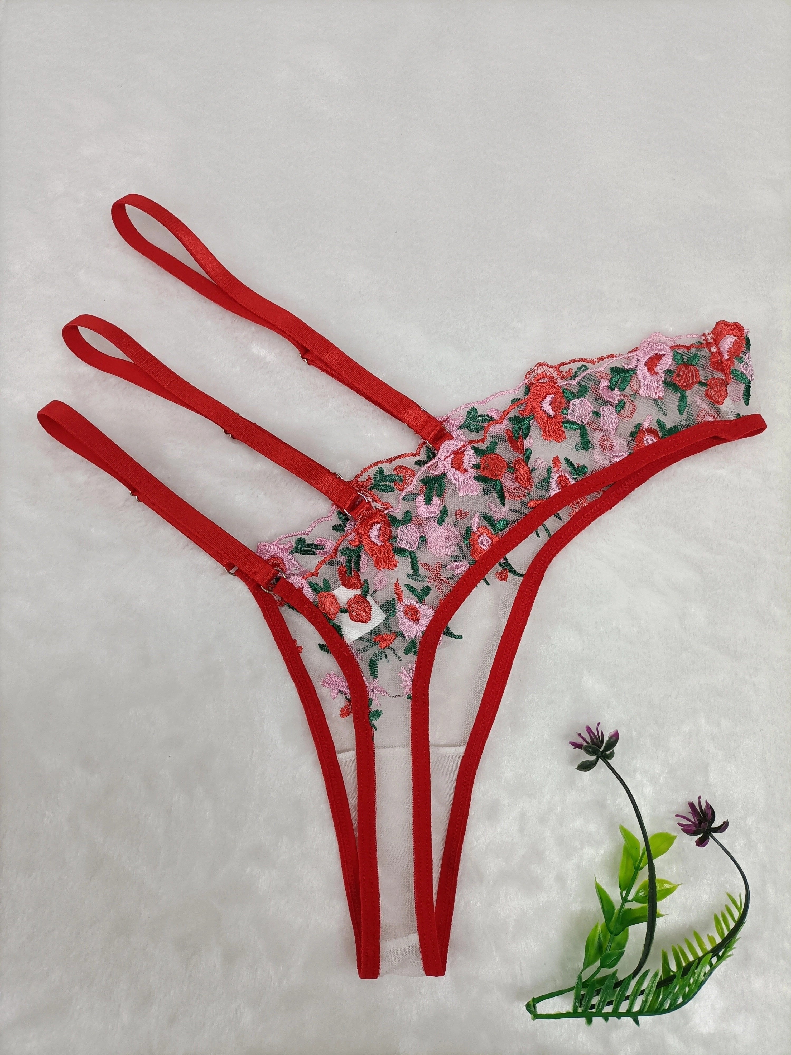 Women's Lace Thong Panties with Sheer Mesh and Embroidered Details