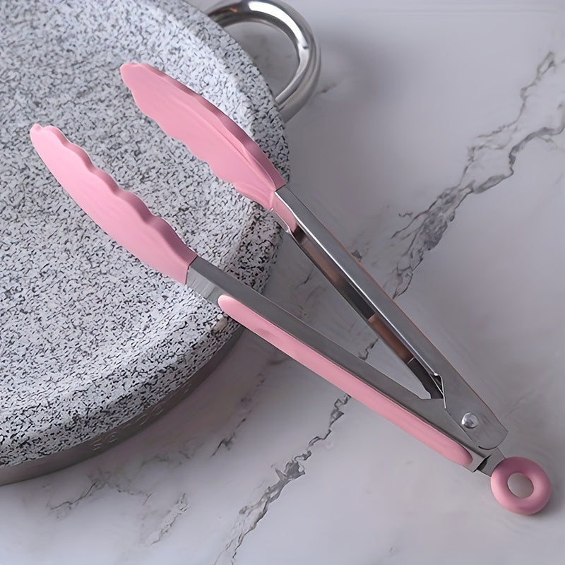 Xavfsiz pishirish va BBQ uchun ergonomik silikon boshli stainless steel oziq-ovqat tongs.