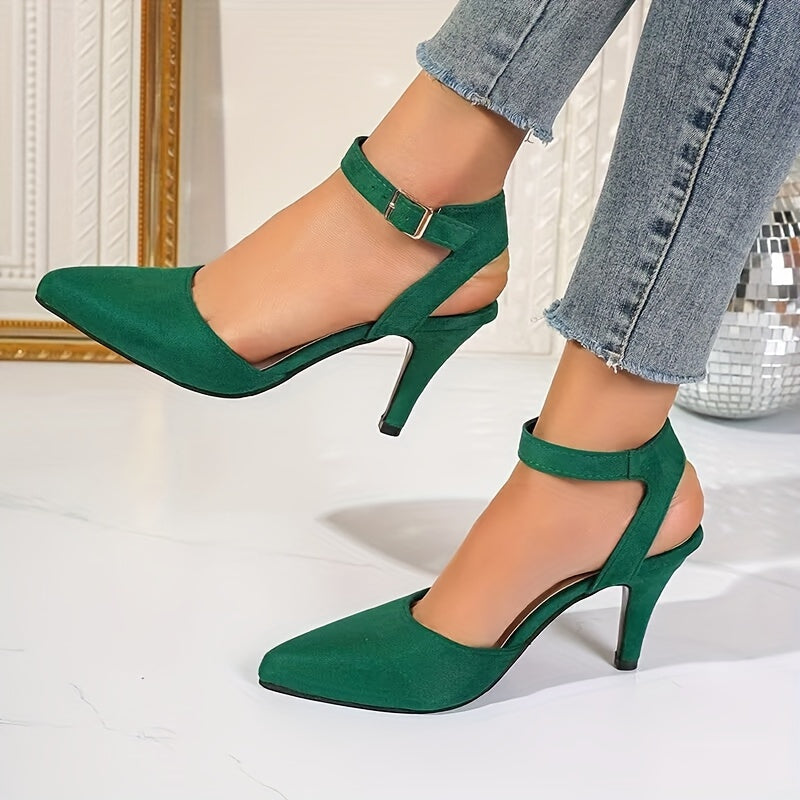 Women's Blue Fabric Pointed Toe Stiletto Heels with Ankle Strap