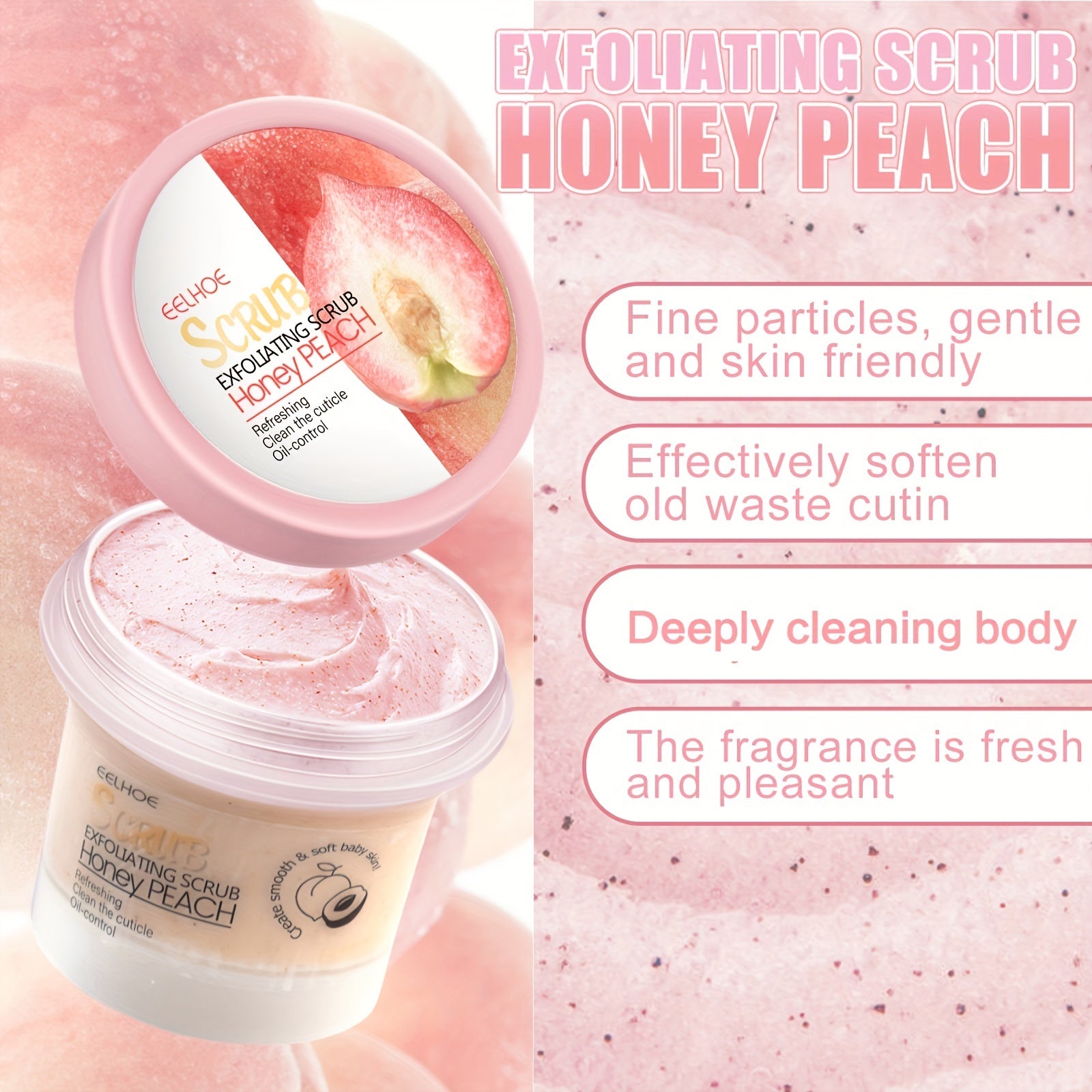 EEHOE Honey Peach Body Scrub Cream (3.53oz) - Yumshoq teri uchun chuqur tozalaydi va eksfoliatsiya qiladi. Barcha teri turlari uchun mos keladi. Glicerin o'z ichiga oladi.