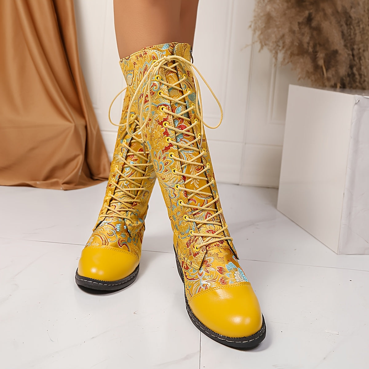 Women's Floral Print Knee-High Chelsea Boots with Side Zipper All-Season