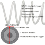 18 Gauge Yuqori Haroratli Sim 5.0 metr, ekstremal haroratlarda foydalanish uchun (-76°F dan 932°F gacha / -60°C dan 500°C gacha). Nikel mis konstruktsiyasi bilan Ikki qavatli Mica lenta Fiberglas izolyatsiyasi bilan