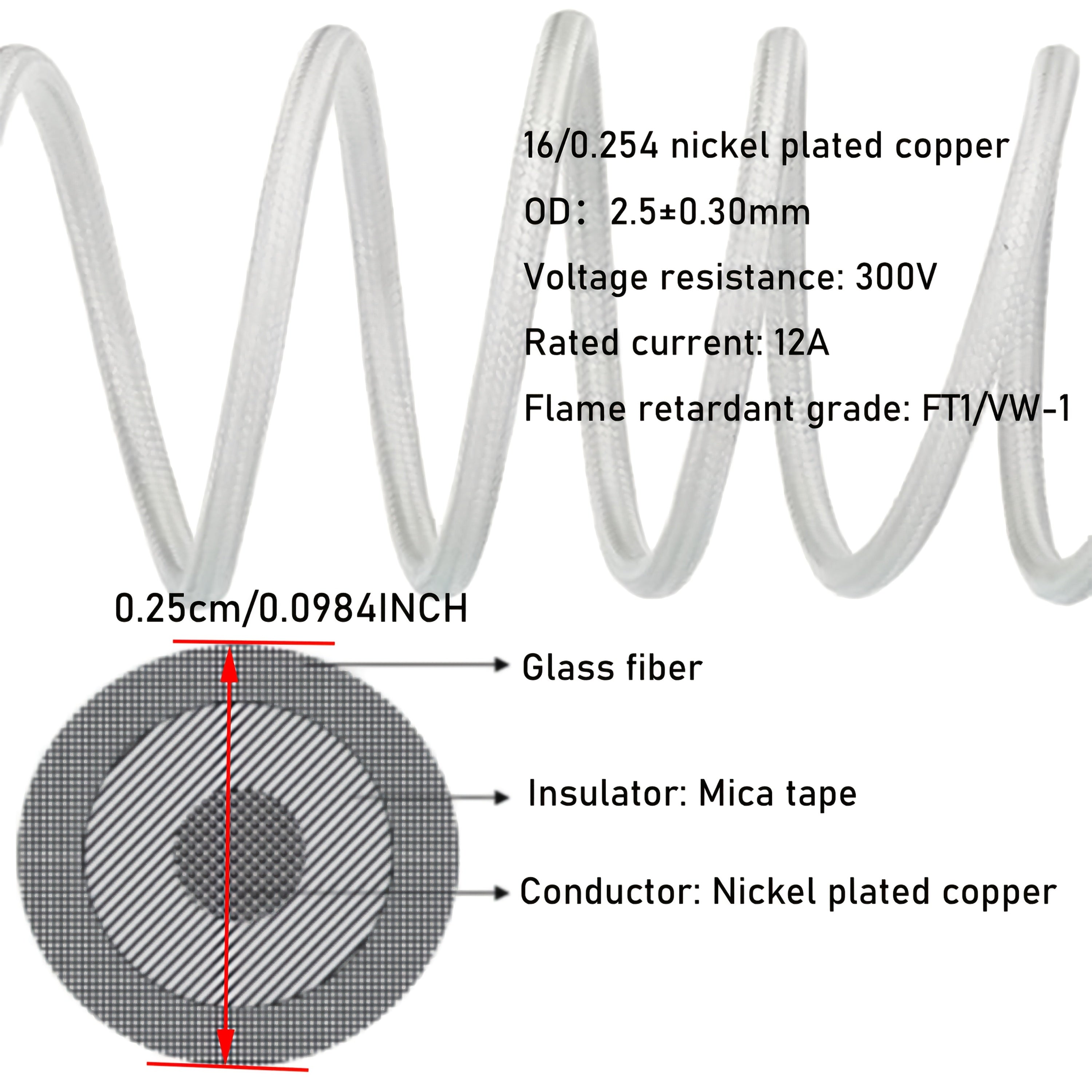 18 Gauge Yuqori Haroratli Sim 5.0 metr, ekstremal haroratlarda foydalanish uchun (-76°F dan 932°F gacha / -60°C dan 500°C gacha). Nikel mis konstruktsiyasi bilan Ikki qavatli Mica lenta Fiberglas izolyatsiyasi bilan