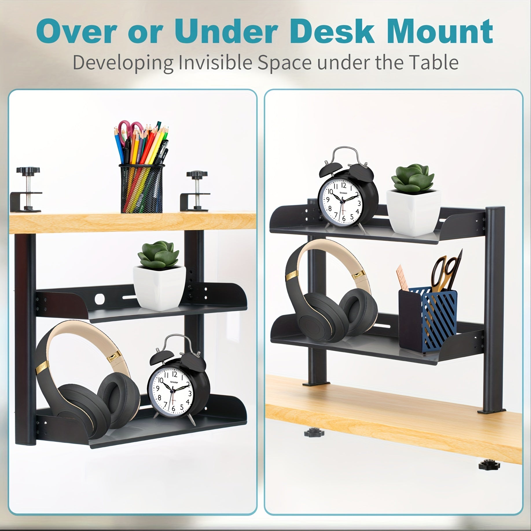 Adjustable Clamp-On Desk Organizer 43.18cm Dual Layer Metal Office Supplies Storage