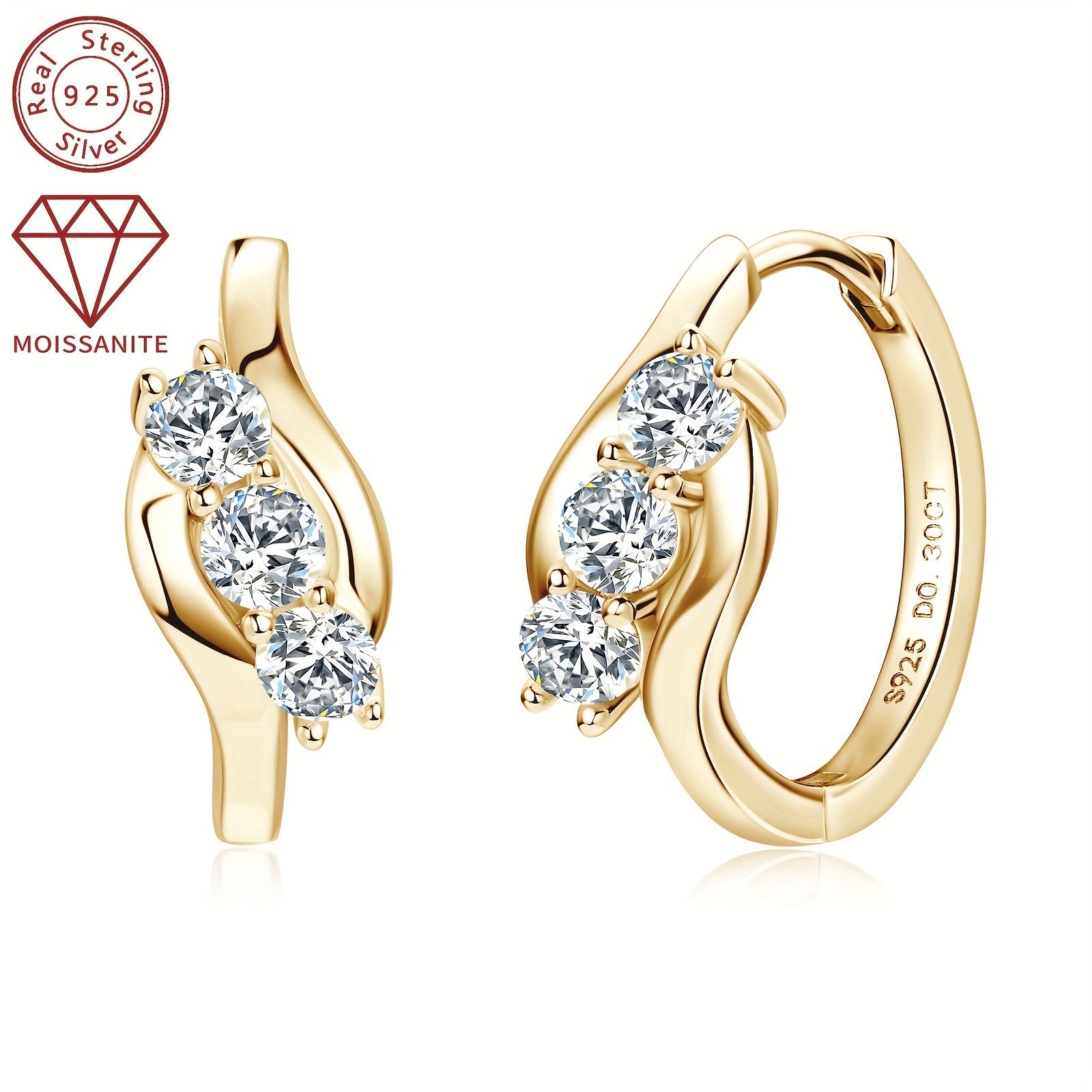 Sterling Silver Hoop Earrings 0.6ct Moissanite 3mm Jewelry Gift