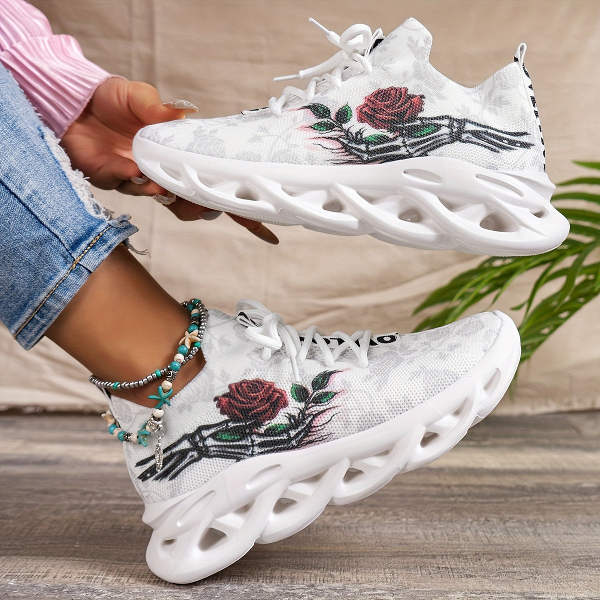 Zapatillas de plataforma con patrón de flores para mujer, transpirables, de punto, con cordones, para exteriores