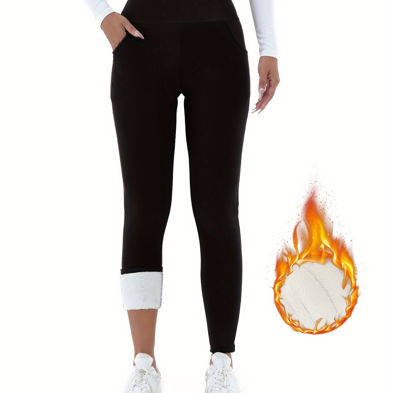 Women's Fleece-Lined High-Waist Leggings with Pockets for Fall and Winter