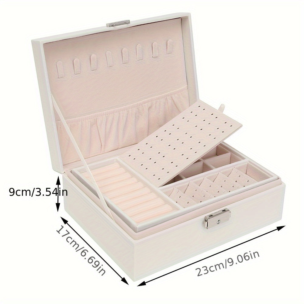 Double Layer Jewelry Organizer with Lock Faux Leather Storage for Rings Necklaces Earrings